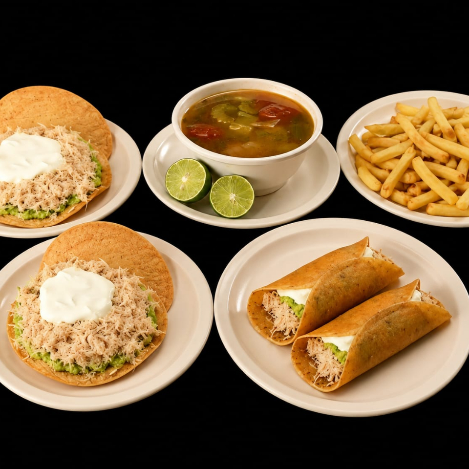 2 Tost Esp.2 Tacos Esp. 1 Papas Fritas 1Consomé Lt