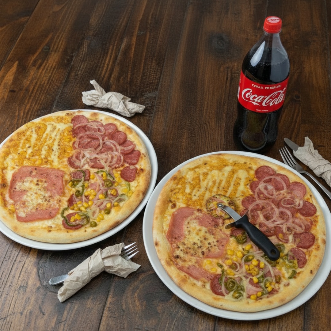 Configuração das Pizzas Quatro Sabores:2 fatias de presunto, 2 fatias de Calabresa, 2 fatias À moda, 2 fatias de Frango com Catupiry