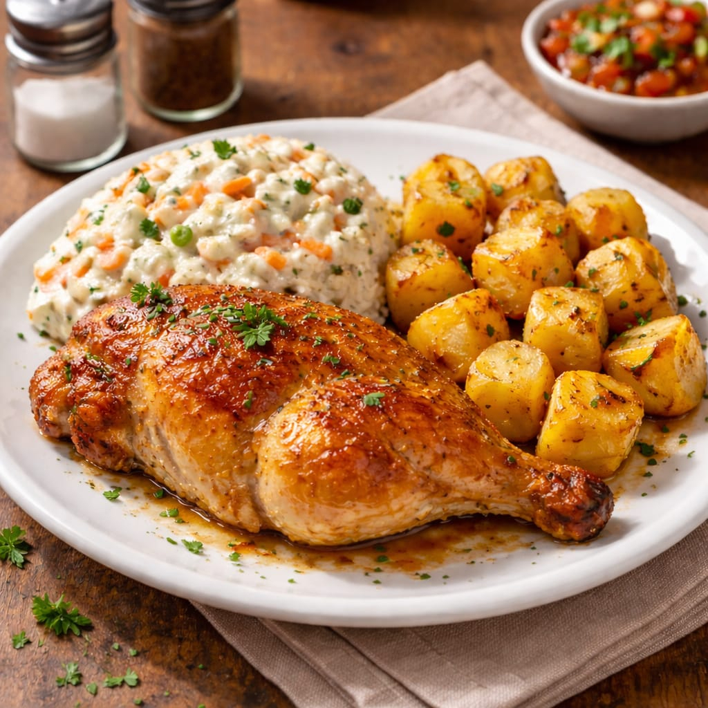 Meio frango, batata, farofa e maionese