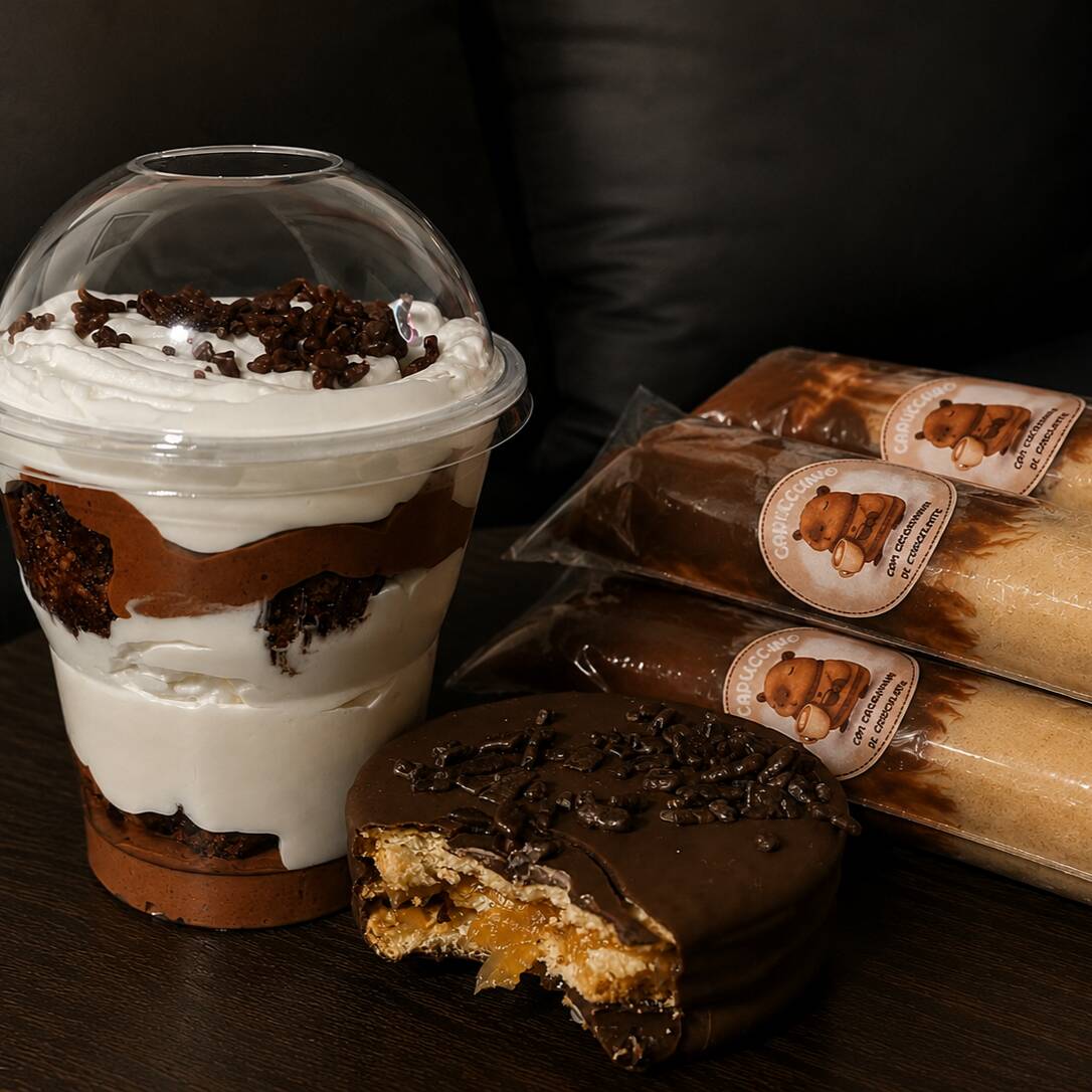 Um Copinho da Felicidade de ninho com chocolate(150ml)+ Um Alfajor + Um Geladinho de Capuccino. Três delícias em uma só experiência!