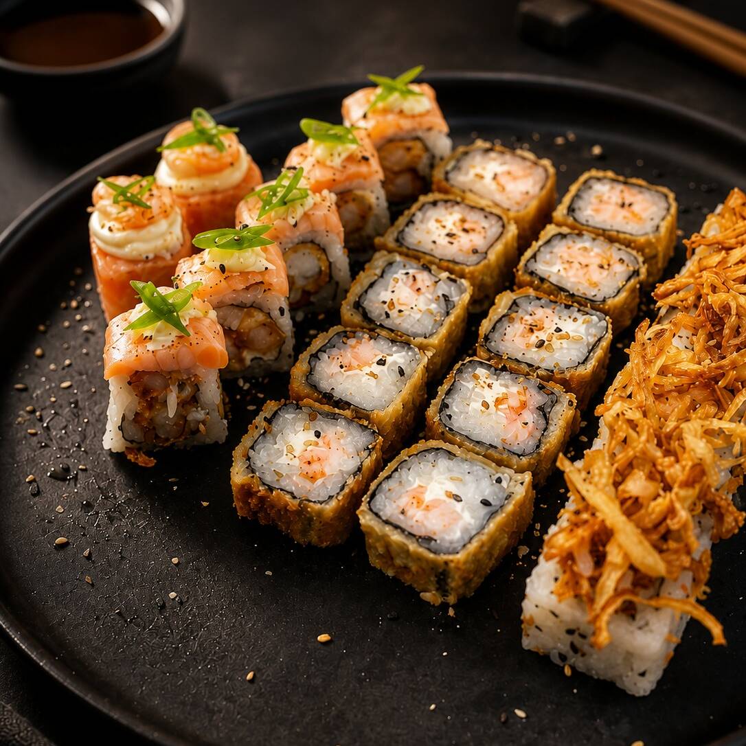 22 peças - 10x carioca de camarão, 5x uramaki camarão especial, 05x tempura holl c/cebola crispy, 2x ebi Joe maçaricado.