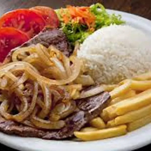 Bife de contra file acebolado, acompanha arroz, feijão, farofa, salada ou fritas