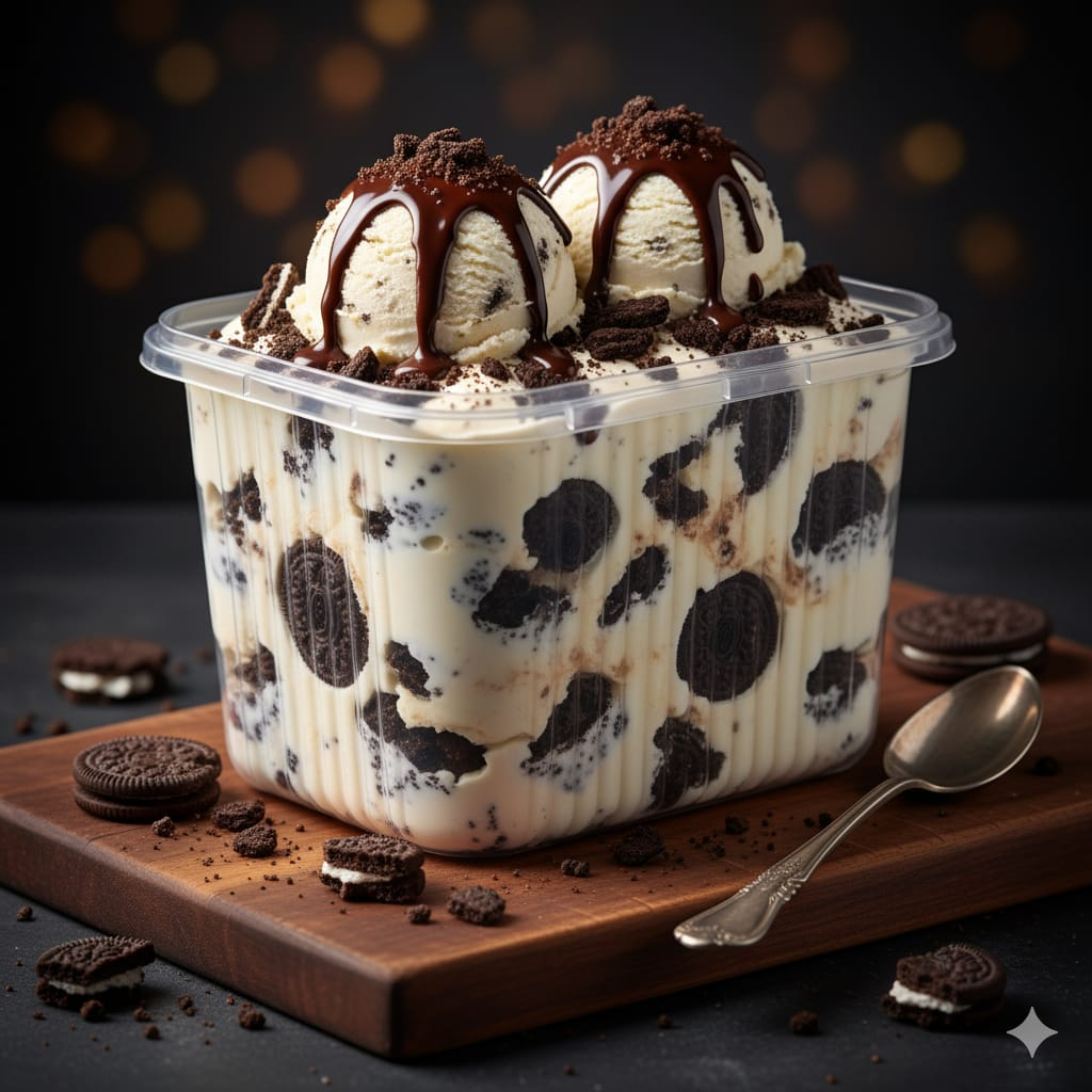 Sorvete produzido através de uma calda bem balanceada com saborizante baunilha branca especial mesclado com stracciatella  meio amargo e biscoito de chocolate triturado. (Imagem meramente ilustrativa)