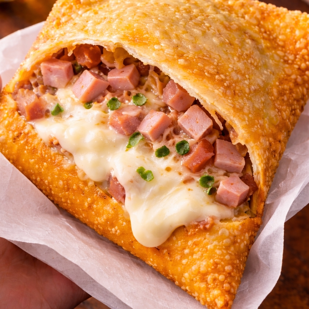 Recheio de queijo, presunto e orégano em um pastel crocante. Um clássico reinventado.