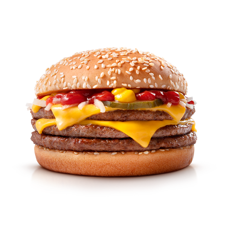 Três hambúrgueres (100% carne bovina), queijo cheddar, cebola, picles, ketchup, mostarda e pão com gergelim