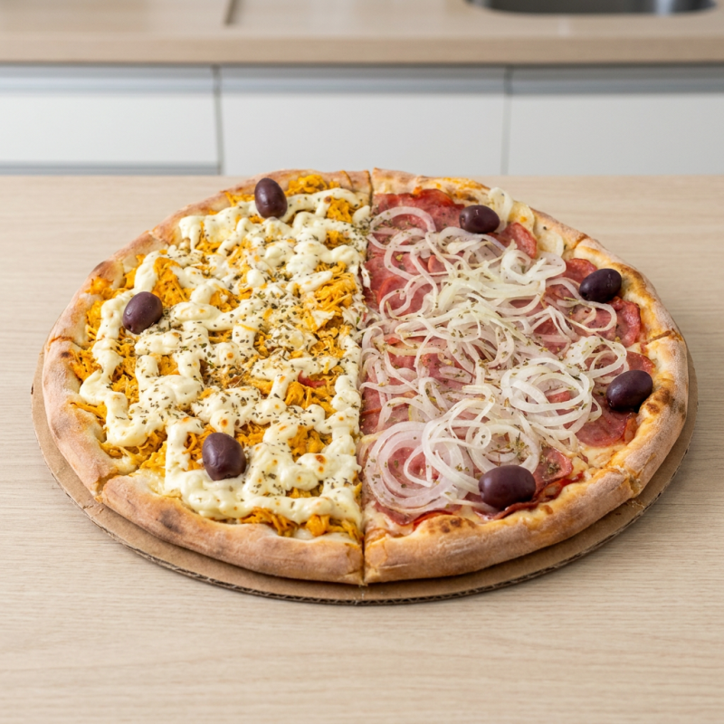 Escolha até 2 sabores irresistíveis e aproveite uma explosão de sabores em cada pedaço. Uma pizza grande com 8 fatias, perfeita para dividir!