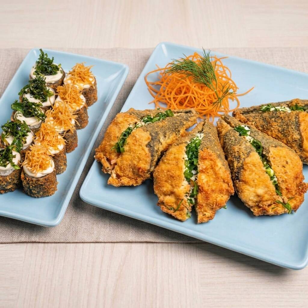 5 hot rolls com couve crispy, 5 hot rolls tradicionais com cream cheese acompanhado de 4 temakis empanados. Acompanha 2 hashis, 2 saches de molho shoyo e 2 saches de tarê.
