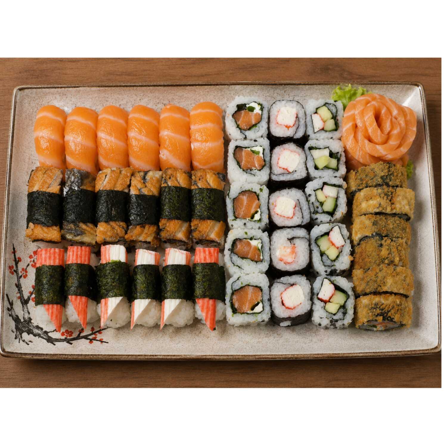 05 Sushi Salmão, 05 Sushi kani, 05 Sushi Skin, 5 Uramaki Filadélfia, 5 Uramaki Califórnia, 5 Maki Kani, 5 Sashimis de Salmão, 6 Hott Filadélfia